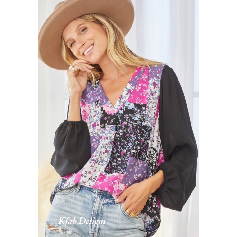 ❤️LAST 2! V Neck Floral Patchwork Ballon Sleeves Top! - Picture 2 of 7